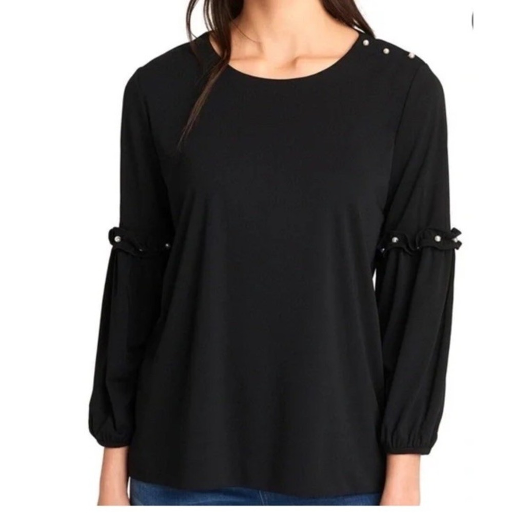 Karl Lagerfeld Pearl Poet Peasant Sleeves Blouse Women's Small Black Relaxed